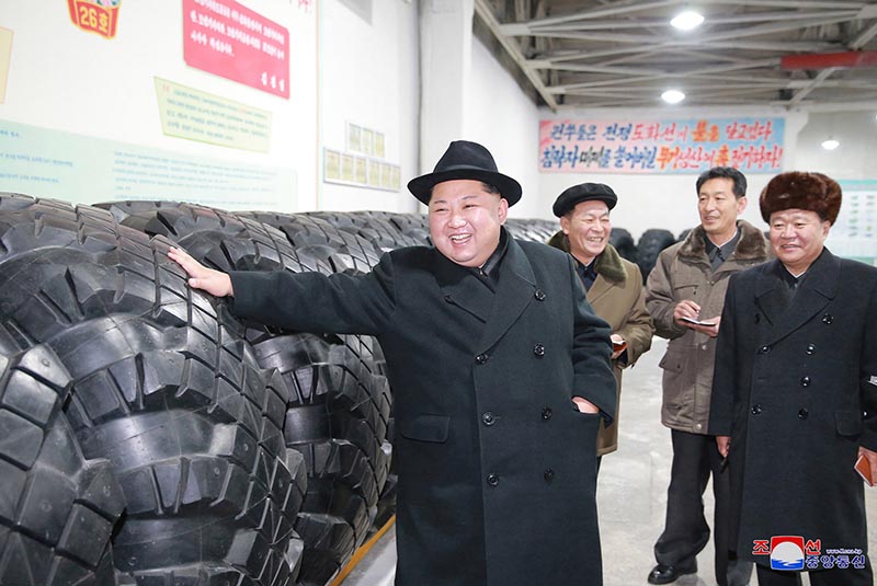 In this undated photo provided on Sunday, December 3, 2017, by the North Korean government, North Korean leader Kim Jong Un inspects a local tire factory in Chagang Province, North Korea. Photo: Korean Central News Agency/Korea News Service via AP