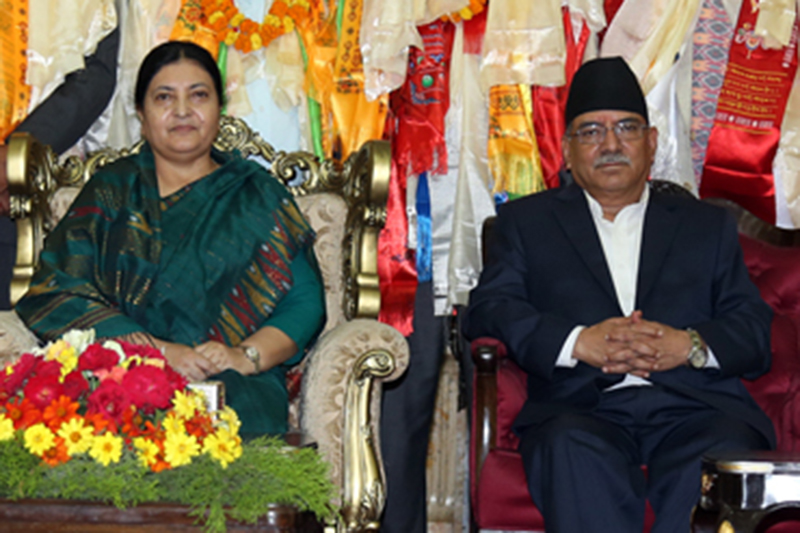 New ministers pose for a photograph after their oath ceremony with President Bidya Devi Bhandari, Vice-President Nanda Bahadur Pun, Prime Minister Pushpa Kamal Dahal and Speaker Onsari Gharti at the Sheetal Niwas, on Sunday, August 14, 2016. Photo: RSS