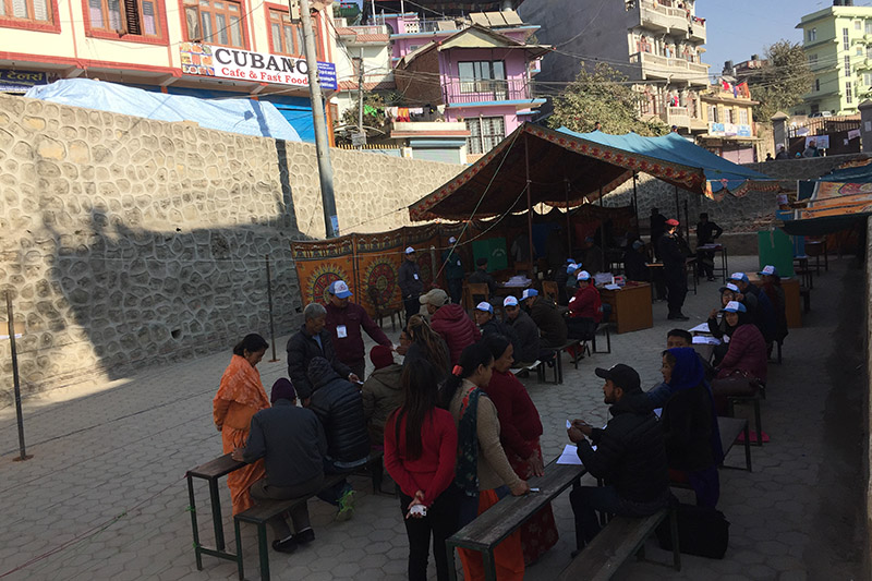 Voters line up to cast their ballot for the second phase of the provincial and parliamentary elections at  Samudayik Sewa Samaj polling centre in Kumarigal, Chabhil, Kathmandu Constituency-4, on Thursday, December 7, 2017. Photo: Rajan Pokhrel
