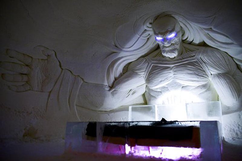 A large decoration is seen inside a  Game of Thrones-themed ice hotel in Kittila  Finnish Lapland on Sunday Jan. 14, 2018. A u0093Game of Thronesu0094-themed ice hotel complete with a bar and a chapel for weddings has opened in northern Finland in a joint effort by a local hotel chain and the U.S. producers of the hit TV series. Lapland Hotels said Friday they chose u0093Game of Thronesu0094 to be the theme for this season's Snow Village, an annual ice-and-snow construction project covering 20,000 square meters (24,000 sq. yards) in Kittila, 150 kilometers (93 miles) above the Arctic Circle.(Aku H'yrynen/Lehtikuva via AP)