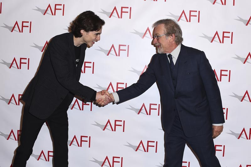 Timothee Chalamet and Steven Spielberg arrive at the 2018 AFI Awards at the Four Seasons on Friday on Jan. 5, 2018, in Los Angeles. Photo: AP