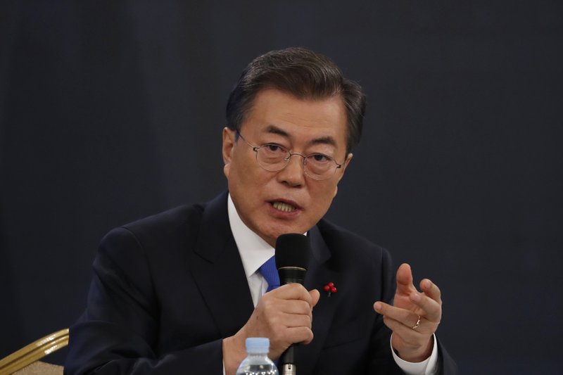 South Korean President Moon Jae-in answers reportersu2019 question during his New Year news conference at the Presidential Blue House in Seoul, South Korea, Wednesday, Jan. 10, 2018. Moon said Wednesday heu2019s open to meeting with North Korean leader Kim Jong Un if certain conditions are met, as he vowed to push for more talks with the North to resolve the nuclear standoff. (Kim Hong-Ji/Pool Photo via AP)n