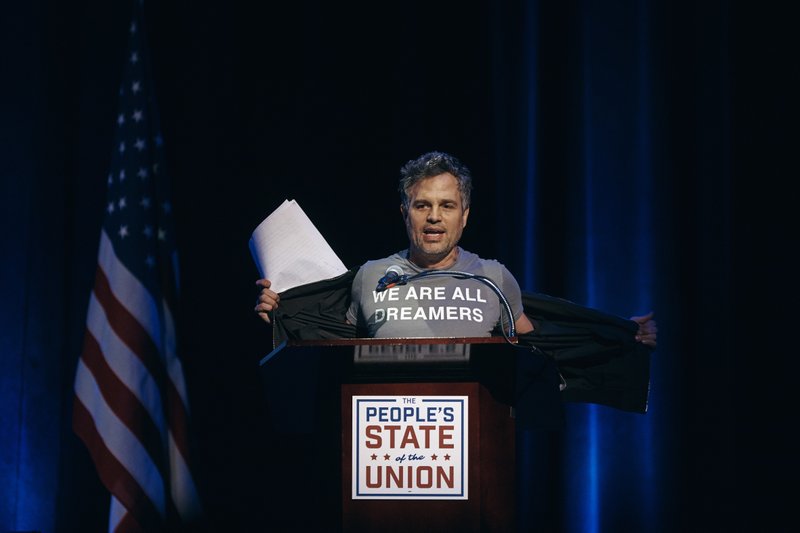 Mark Ruffalo shows his T-shirt reading u201cWe are all dreamersu201d during the u201cPeopleu2019s State of the Unionu201d event at The Town Hall in New York, Monday, January 29, 2018. Photo : AP