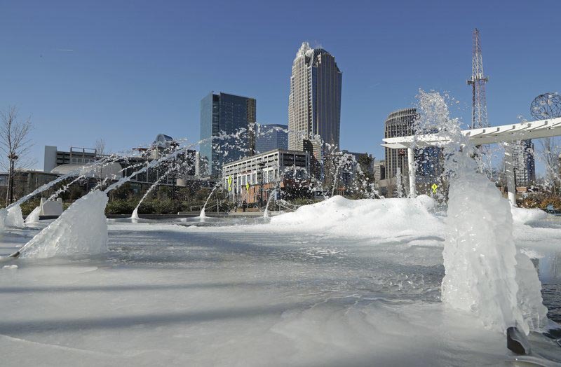 Water squirts from a frozen fountain near downtown in Charlotte, N.C., Tuesday, Jan. 2, 2018. Temperatures plummeted overnight to 2 degrees in the north Georgia mountains, 14 in Atlanta and 26 as far south as New Orleans as the Gulf Coast felt more like Green Bay. Photo: AP