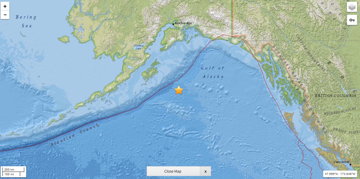 The epicentre of Alaska earthquake. Screenshot: USGS via THT Online
