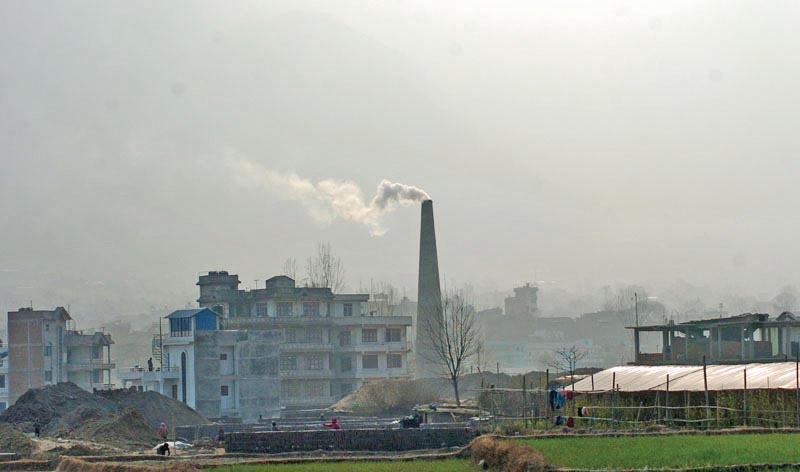 Smoke coming out of a brick kiln chimney, in Bhaktapur, on Friday, January 7, 2018. Photo: THT