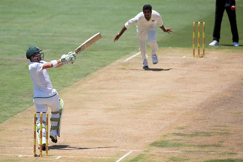 South Africa's Dean Elgar plays a shot off the bowling of Indiau2019s Jasprit Bumrah. Photo: Reuters