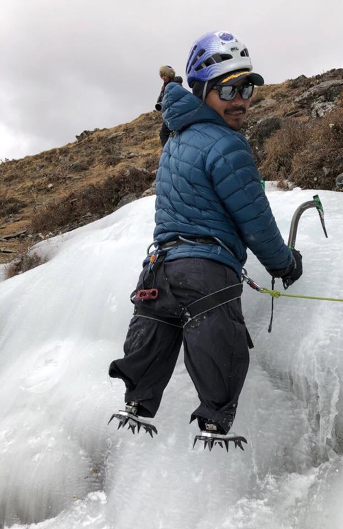 Double amputee former Gurkha Soldier Hari Budha Magar practicing ice climbing in Muktinath recently for preparing himself to climb Mt Everest in upcoming spring season.  Photo: Krishna Thapa Magar