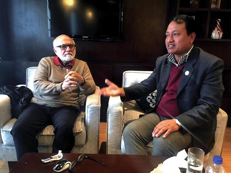 NSC Member Secretary Keshab Kumar Bista (right) gestures during his meeting with ICC Deputy Chairman Imran Khwaja in Kathmandu on Monday. Photo Courtesy: NSC
