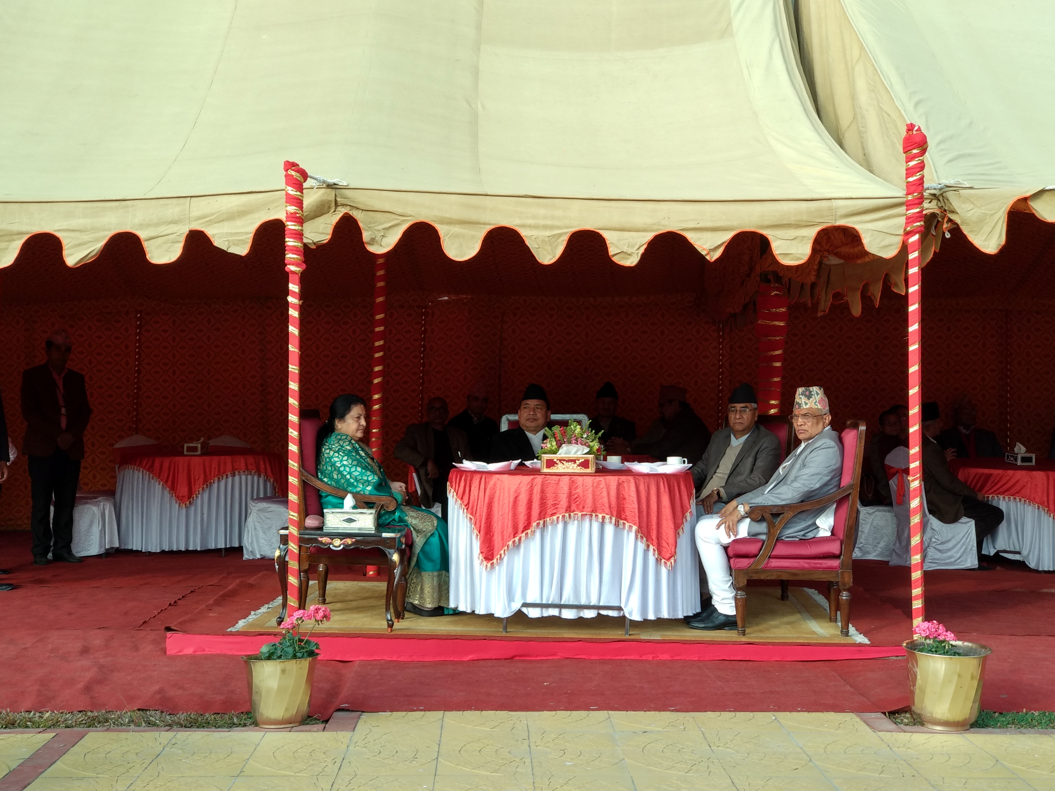 President Bidhya devi Bhandari with Vice President Nanda Bahadur Pun, Prime Minister Sher Bahadur Deuba and chief Justice Gopal Parajuli at a informat tea party organised on the occasion of Makar Sakranti.