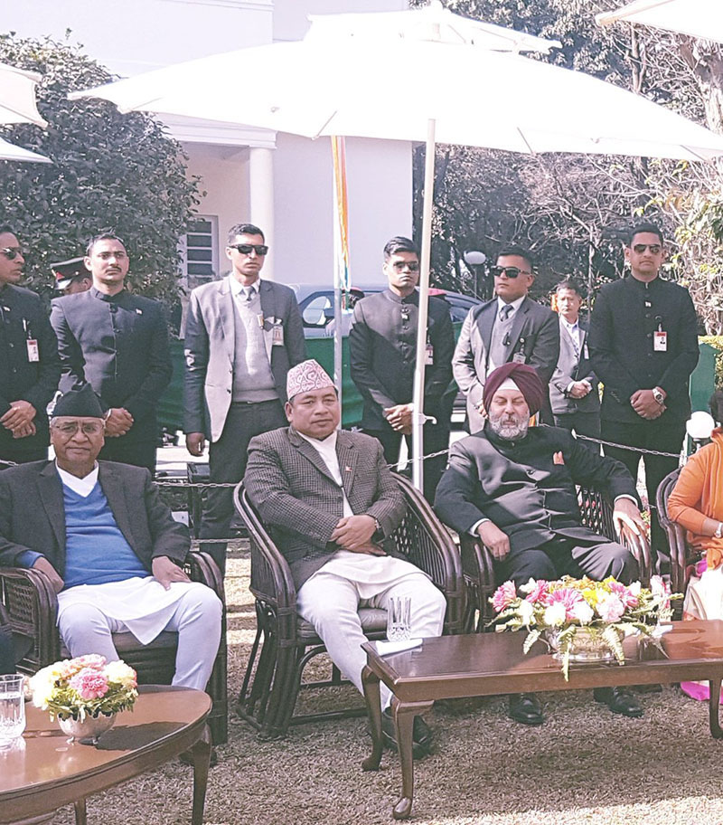 Vice President Nanda Kishor Pun and Prime Minister Sher Bahadur Deuba with Ambassador of India to Nepal Manjeev Singh Puri at an event in the Embassy of India, marking the 69th Republic Day of India, in Kathmandu, on 26 January 2018. Photo: Embassy of India