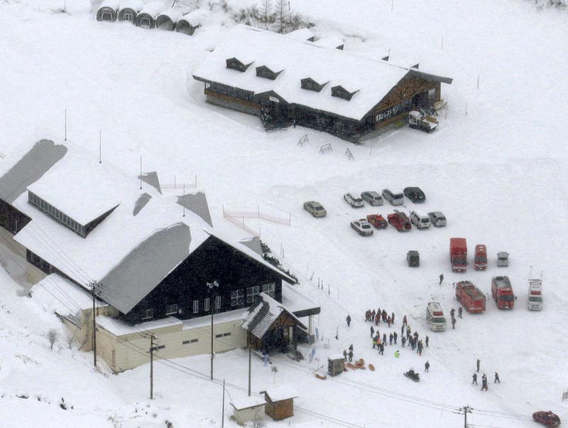 File - Fire trucks and ambulances are parked at a ski resort in Kusatsu, central Japan, after Mount Kusatsu-Shirane erupted on Tuesday, Jan. 23, 2018. Photo: AP