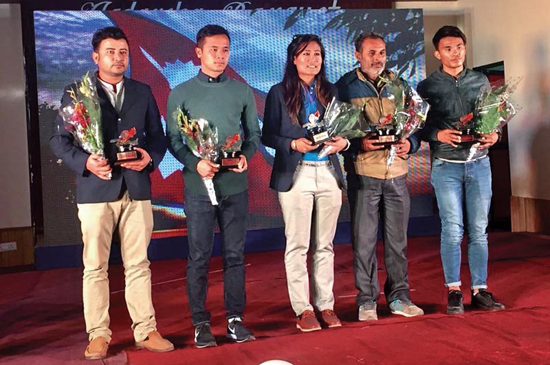 Winners of the Jhapa Sports Award organised by Jhapa Coordination Committee of Nepal Sports Journalists Forum in Birtamod on Sunday. Photo Courtesy: NSJF