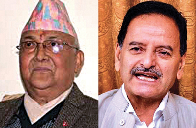 A combo photo of CPN-UML Chair KP Sharma Oli (L) and Nepali Congress leader Krishna Prasad Sitaula. Photo: THT Onlne