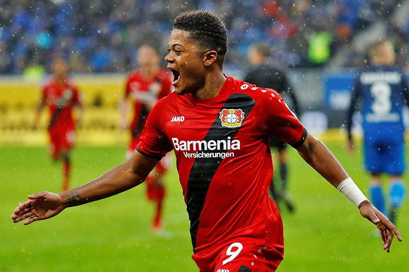 Bayer Leverkusen's Leon Bailey celebrates scoring their first goal. Photo: Reuters