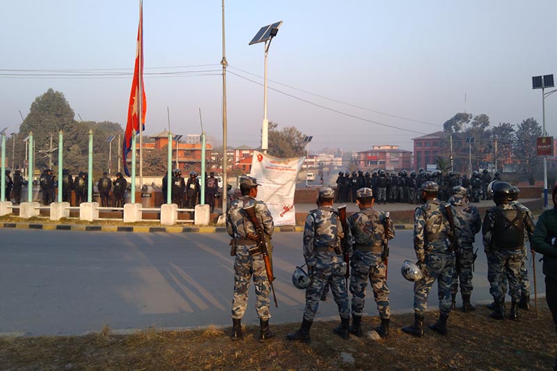 Armed Police Force personnel mobilised at the Maitighar Mandala, Kathmandu, on Tuesday, January 9, 2018. Photo courtesy: Narayan Koirala