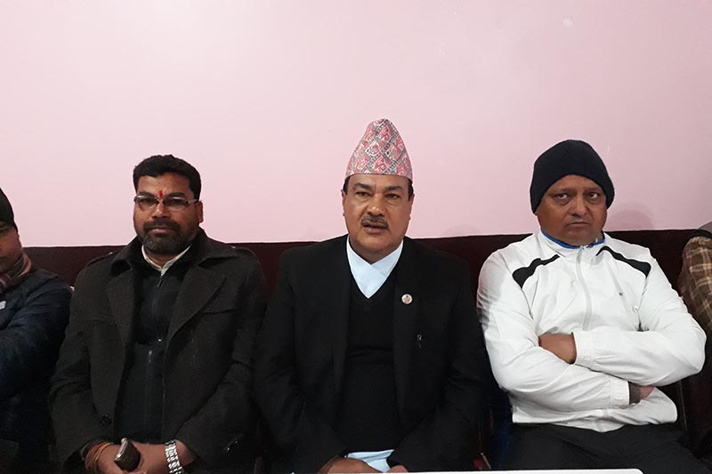 Minister for Commerce Meen Bahadur Bishwakarma among others attend a press conference organised by Nepal Press Union in Dhangadhi of Kailali district, on Saturday, January 20, 2018. Photo: Tekendra Deuba/THT
