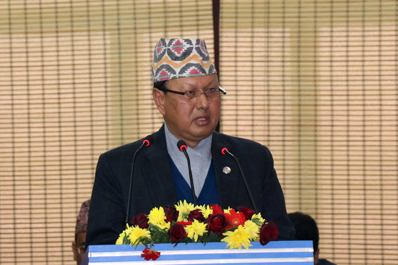Minister for Information and Communications Mohan Bahadur Basnet addresses a programme organised on the commercial operation of the Nepal-China optical fibre link in the Capital, on Friday, January 12, 2018. Photo: RSS