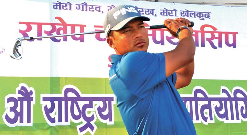 Tanka Bahadur Karki plays a shot on the second day of the NGA-NSC Golf Tournament in Kathmandu. Photo: THT