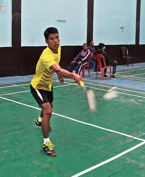 Nepal APF Clubu2019s TACu2019s Ratnajit Tamang in action during the National Badminton Tournament in Mahendranagar on Wednesday. Photo: THT