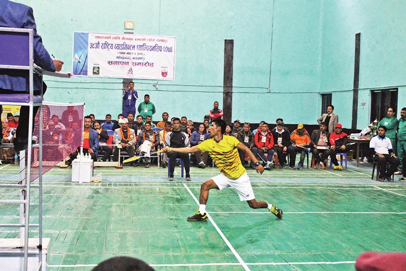 Ratnajit Tamang in action during the National Badminton Tournament in Mahendranagar on Saturday. Photo: THT