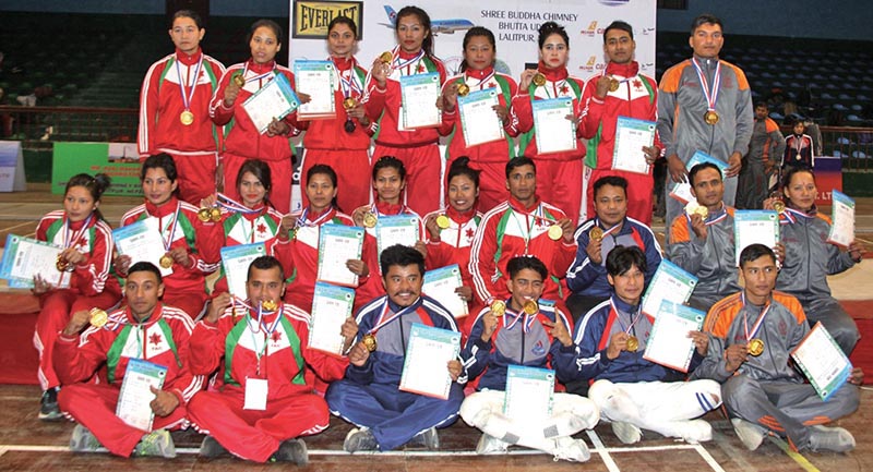 Medal winners of the third National Fencing Championship in Kathmandu on Saturday. Photo: THT
