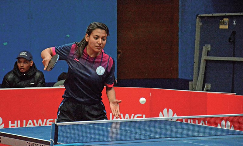 Elena Maharjan in action during the 39th National Table Tennis Tournament in Kathmandu on Wednesday. Photo: THT
