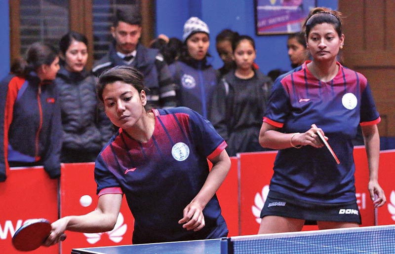 NPC duo Elina Maharjan and Nabita Shrestha (right) in action during the Huawei National Table Tennis Tournament. Photo: THT