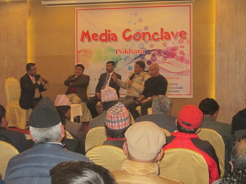 Tourism entrepreneurs and stakeholders participate in an interaction organised by Nepal Tourism Board Pokhara, in Pokhara of Kaski district, on Monday, January 22, 2018. Photo: Rishi Ram Baral/THT