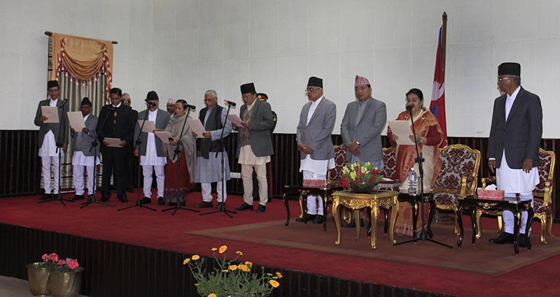 President Bidhya Devi Bhandari administering oath of office and secrecy to newly appointed governors of provinces, at Shital Niwas, Kathmandu, on Friday, January 19, 2018. Photo courtesy: Office of the President