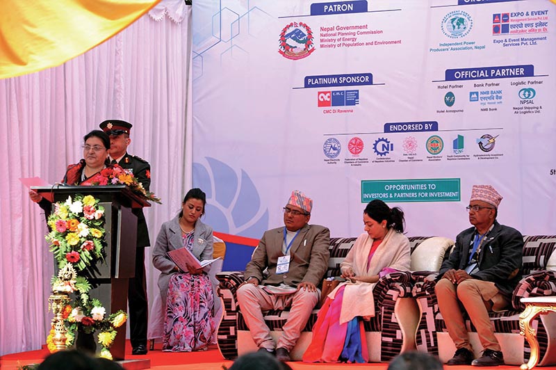 President Bidhya Devi Bhandari delivering her inaugural remarks at the Himalayan Hydro Expo 2018, in Kathmandu, on Friday, January 5, 2018. Photo courtesy: IPPAN