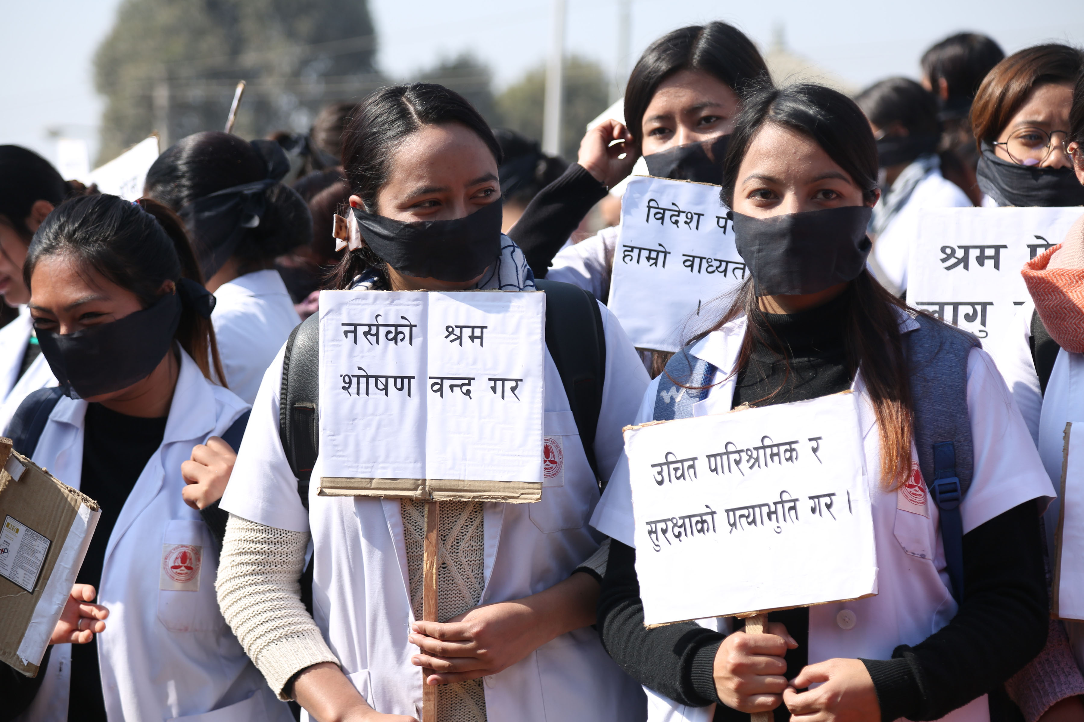 The nurses in protest in Kathmandu, with the various demands including an implementation of the government-set nurse-patient ratio at the earliest, 'appropriate' pay to nurses working for private health facilities by their position and an end to labour exploitation of female volunteers.nn 