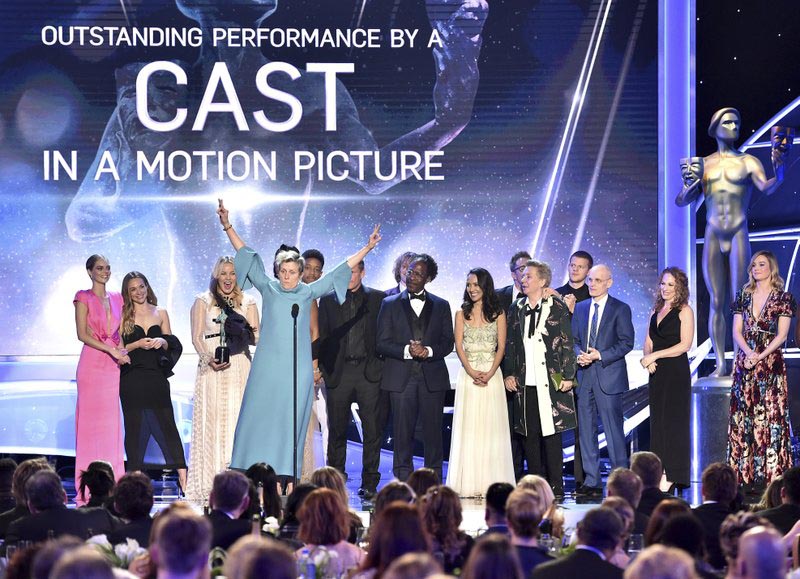 File - Frances McDormand and the cast of u0093Three Billboards Outside Ebbing, Missouriu0094 accept the award for outstanding performance by a cast in a motion picture at the 24th annual Screen Actors Guild Awards at the Shrine Auditorium &amp; Expo Hall on Sunday, Jan. 21, 2018, in Los Angeles. Photo: AP