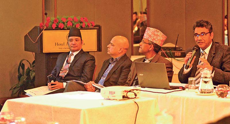 Senior trade economist Posh Raj Pandey speaking during a roundtable meeting organised by the Society of Economic Journalists-Nepal, in Kathmandu, on Wednesday. Photo Courtesy: SEJON