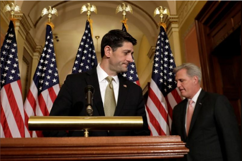 House Speaker Paul Ryan (R-WI) and House Majority Leader Kevin McCarthy (R-CA) (R) arrive at a news conference with Republican leaders on Capitol Hill in Washington, US, January 18, 2018. Photo: Reuters.