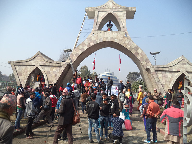 People offering garlands and paying tribute to the statues of Shukraraj Shastri, Dharma Bhakta Mathema, Gangalal Shrestha and Dashrath Chand at Shahid Gate observing Martyrsu2019 Day in Kathmandu, on Tuesday, January 30, 2018. Photo: RSS