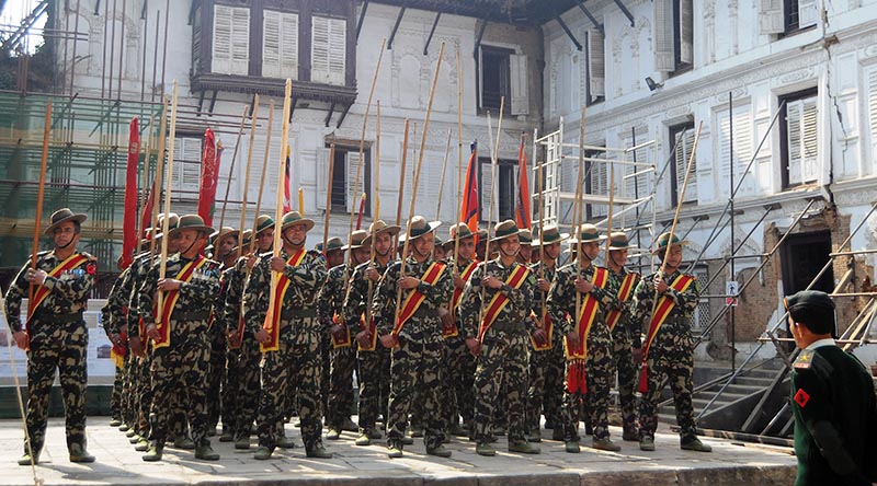 Nepali Army soldiers rehearsing for Shree Panchami celebrations in Hanuman Dhoka, Kathmandu, on Sunday, January 21, 2018. PHOTO: Balkrishna Thapa Chhetri/THT