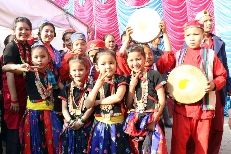 People belonging to Tamang community pose for the camera at an event organised on the occassion of Sonam Lhosar festival, in Kathmandu, on Thursday, January 18,2017. Photo: RSS