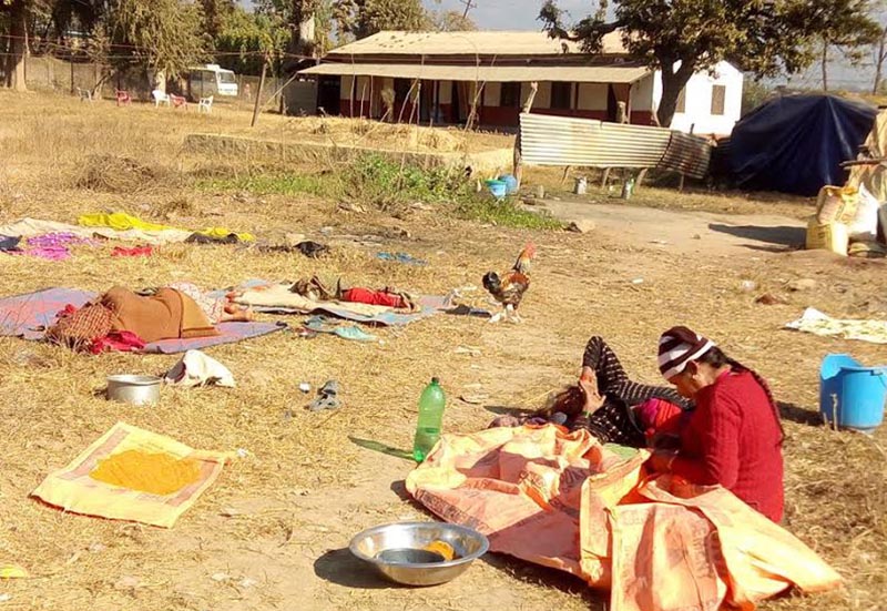 Flood victims who have been sheltering at Women Training Centre for the past three years, in Birendranagar, Surkhet, on Tuesday.  Photo: THT
