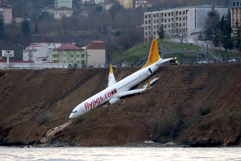 A Pegasus Airlines aircraft is pictured after it skidded off the runway at Trabzon airport by the Black Sea in Trabzon, Turkey, January 14, 2018. Photo: Muhammed Kacar/Dogan News Agency via Reuters