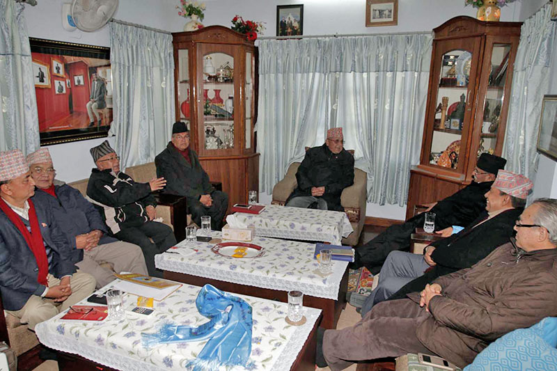 UML and CPN-Maoist Centre leaders attending Party Unification Coordination Committee meeting at KP Sharma Oli's residence in Balkot, on Tuesday, January 09, 2018. Photo: RSS