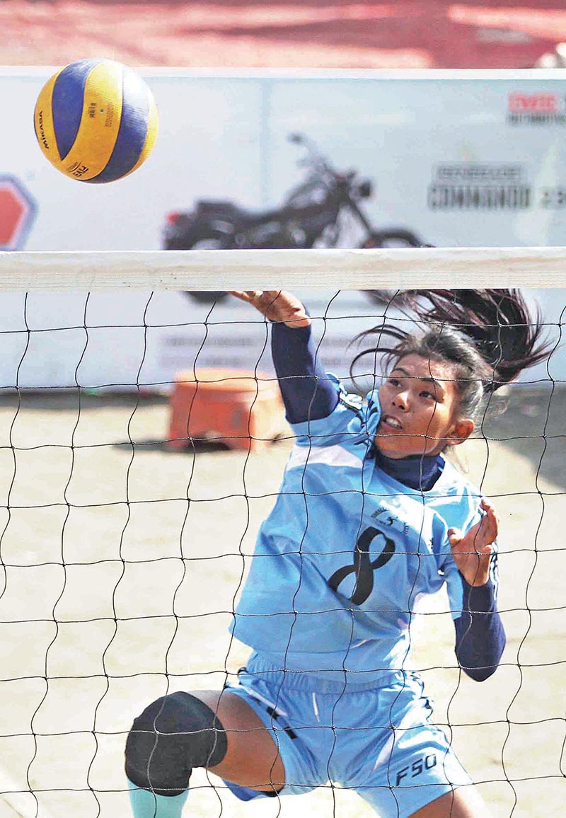 Sajana Mahato of Meghuali Volleyball Club attempts spiker against Paramount High School during the 13th RedBull Dhorpatan UM Women's Volleyball Double League Championship at Gongabu in Kathmandu on Saturday. Photo: THT