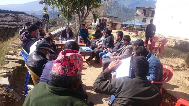 The meeting of District Natural Disaster Rescue Committee led by Chief District Officer, being held in Jajarkot on Wednesday, over dispatching the medical teams in viral fever and common cold affected area of the district. Photo: Dinesh Shrestha 