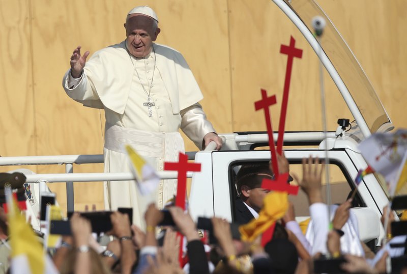 Pope Francis arrives to celebrate Mass at Ou2019Higgins Park in Santiago, Chile, Tuesday, Jan. 16, 2018. Francis begged for forgiveness Tuesday for the u201cirreparable damageu201d done to children who were raped and molested by priests, opening his visit to Chile by diving head-first into a scandal that has greatly hurt the Catholic Churchu2019s credibility here and cast a cloud over his visit. (AP Photo/Natacha Pisarenko)