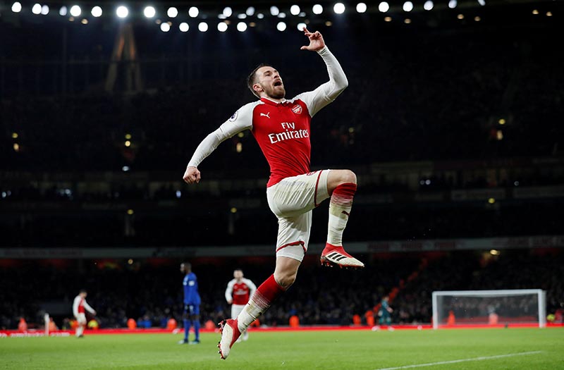 Arsenal's Aaron Ramsey celebrates scoring their fifth goal to complete his hat-trick during the Premier League match between Arsenal and Everton, at Emirates Stadium, in London, Britain, on February 3, 2018. Photo: Reuters