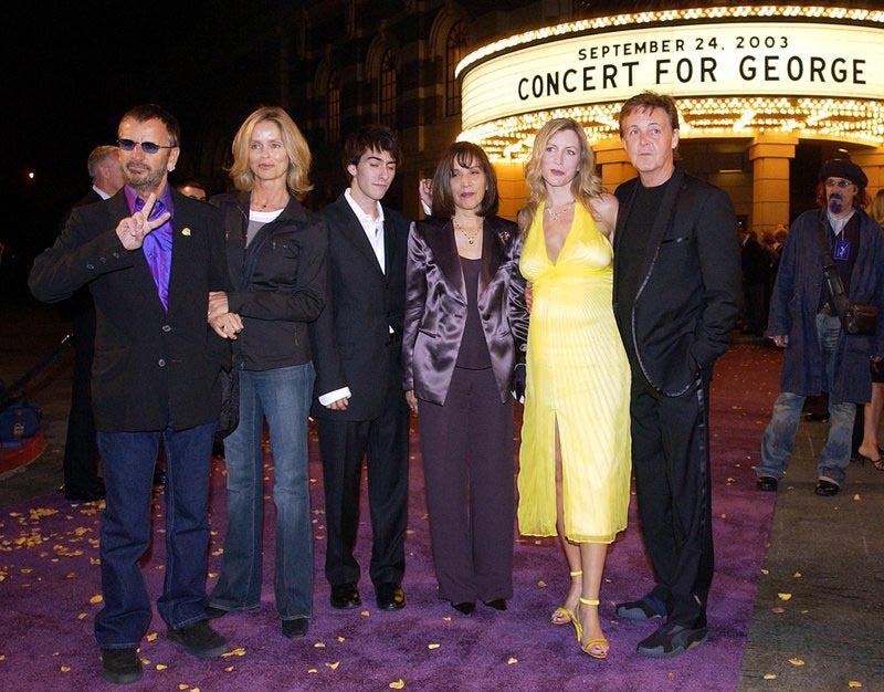 File - Ringo Starr and his wife Barbara Bach, left, pose along with George Harrisonu0092s son Dhani and wife Olivia, center, and Heather Mills McCartney and Paul McCartney at a screening for the film u0093Concert For George,u0094 on Wednesday night, at Burbank Studios in Burbank, California, on Sept. 24, 2003. Photo: AP