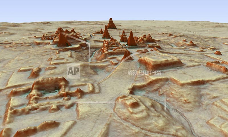 This digital 3D image provided by Guatemala's Mayan Heritage and Nature Foundation, PACUNAM, shows a depiction of the Mayan archaeological site at Tikal in Guatemala created using LiDAR aerial mapping technology. Researchers announced Thursday, February 1, 2018, that using a high-tech aerial mapping technique they have found tens of thousands of previously undetected Mayan houses, buildings, defense works and roads in the dense jungle of Guatemala's Peten region, suggesting that millions more people lived there than previously thought. Photo: AP