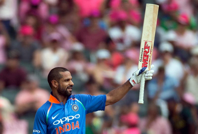 Indiau2019s Shikhar Dhawan celebrates his century during the One-Day International series match between India and South Africa, at The Wanderers Stadium, in Johannesburg, South Africa, on February 10, 2018. Photo: Reuters
