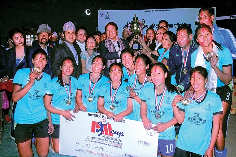 Nepal APF Club team members with NSC Member Secretary Keshab Kumar Bista after the fifth PM Cup in Nepalgunj. Photo: THT