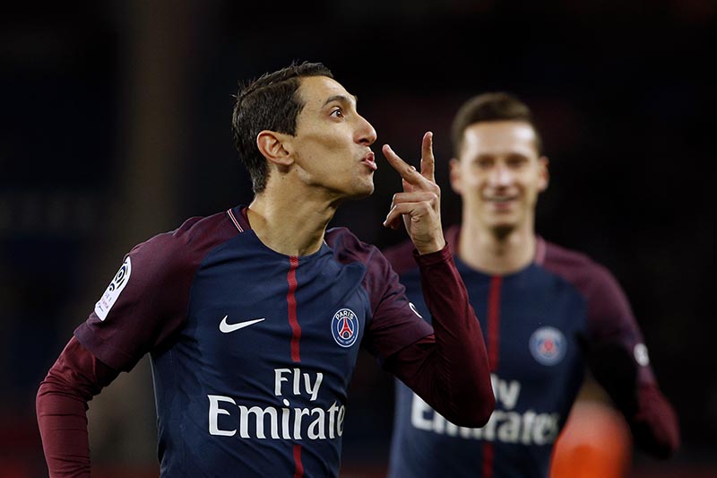 PSG's Angel Di Maria celebrates after scoring during his French League One soccer match between Paris-Saint-Germain and Dijon, at the Parc des Princes stadium in Paris, France, on Wednesday, January 17, 2018. Photo: Ap/ File